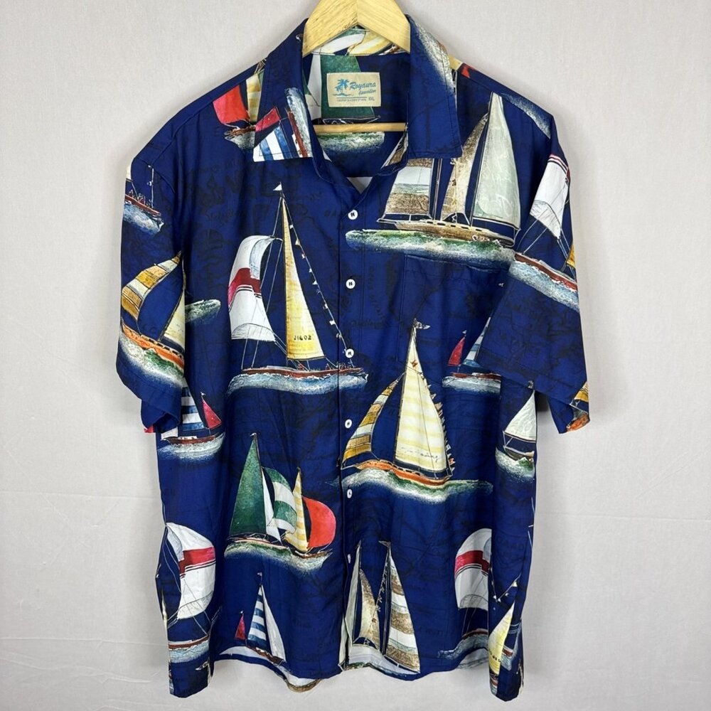 Royaura Hawaiian Sailboat Print Shirt Men’s XXL Blue Nautical Button-Up
